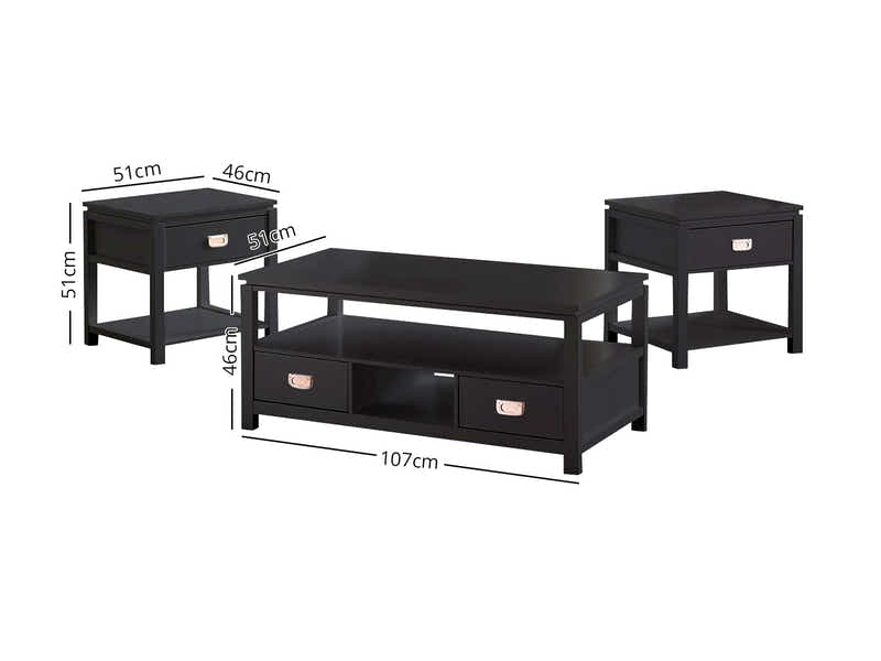 3-Piece Solid Wood Coffee Table Set - Black