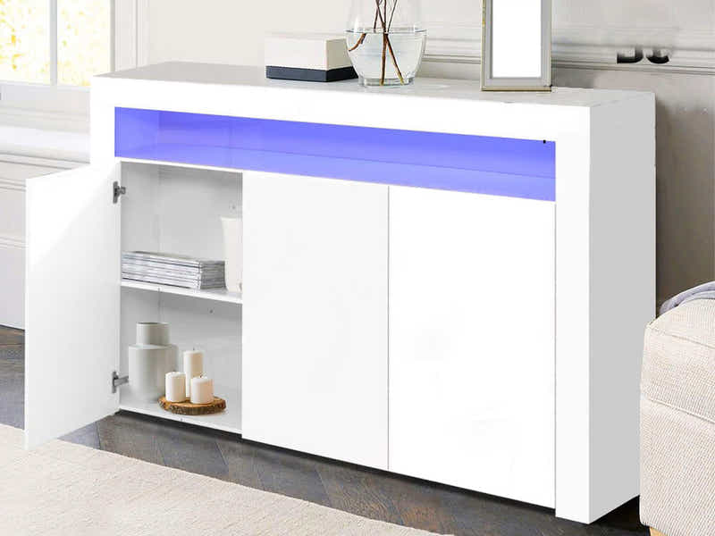 Glansig White 3-Door Buffet with LED Light - 152 cm