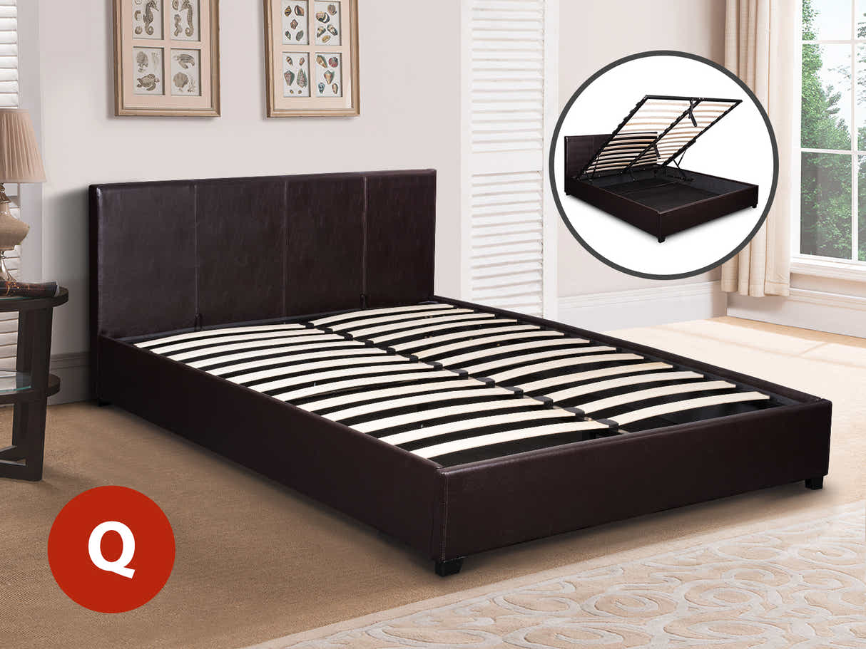 Bass Storage Bed Frame PU Dark Brown - Queen