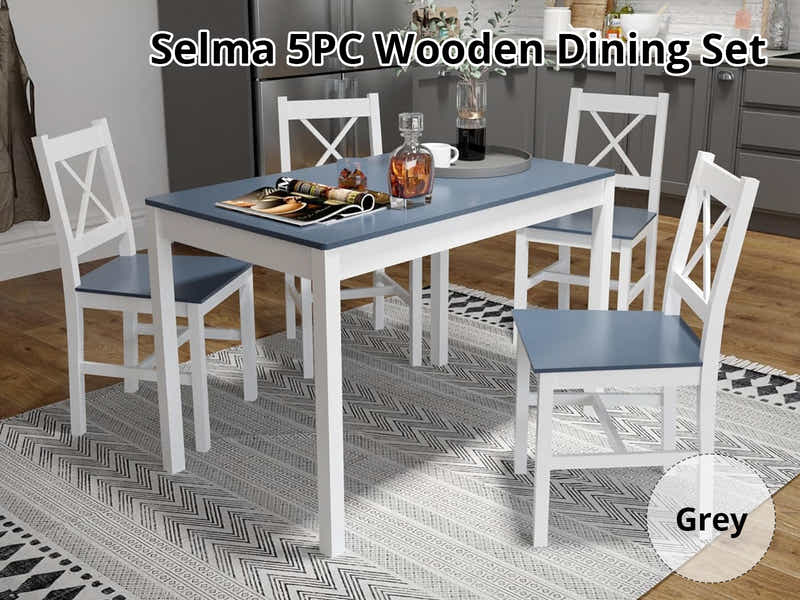 Selma 5-Piece Wooden Dining Set - White & Grey