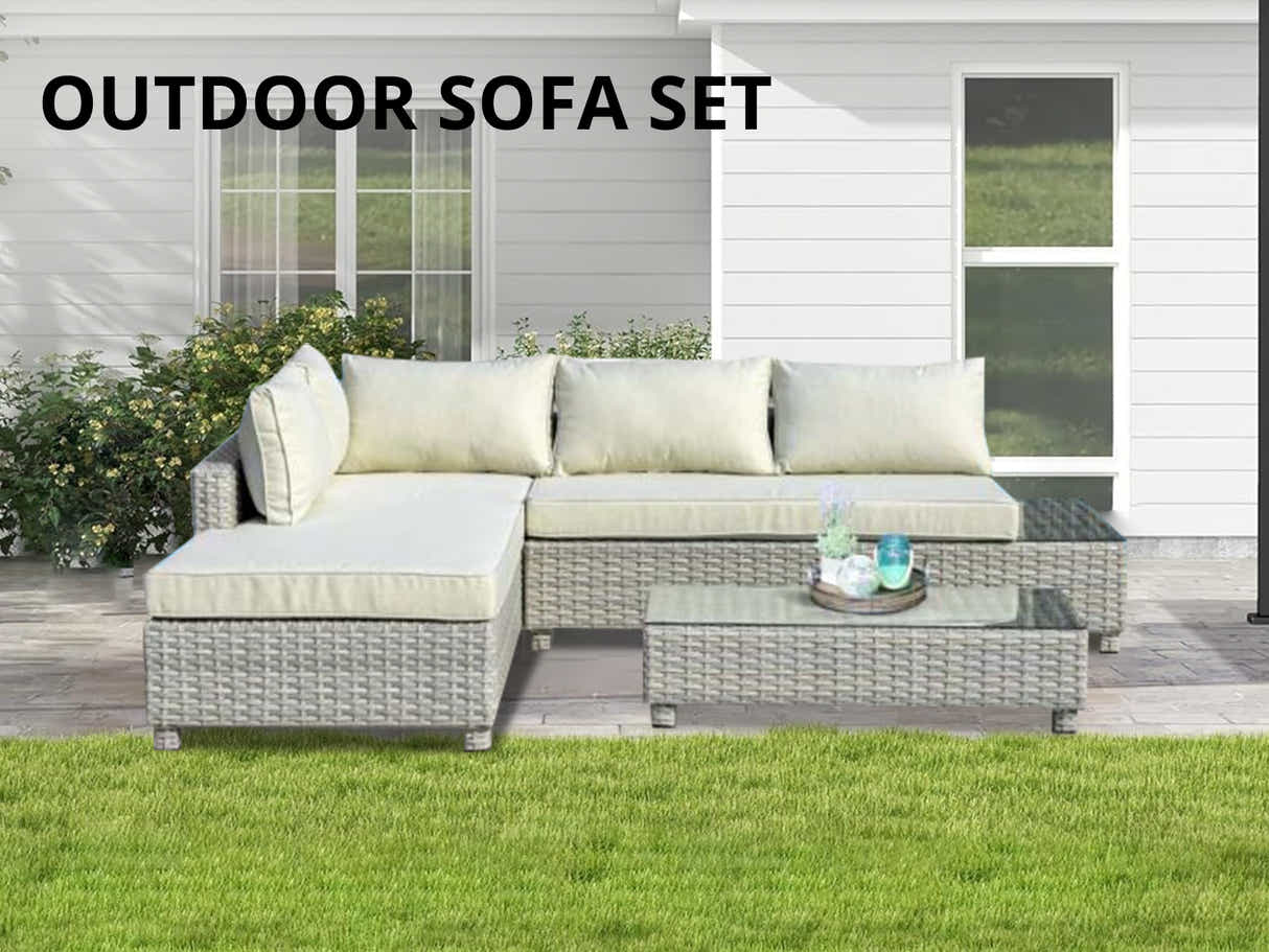 3-Piece Outdoor Sofa Set - Grey + Beige