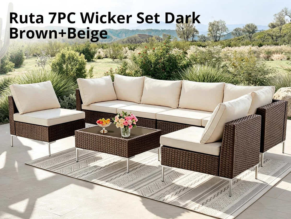 T DS Ruta 7PC Wicker Set Dark Brown+Beige