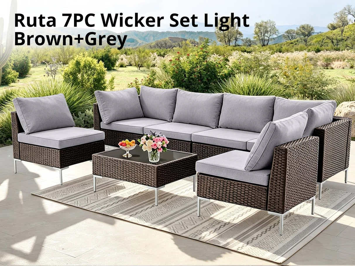DS Ruta 7PC Wicker Set Light Brown+Grey