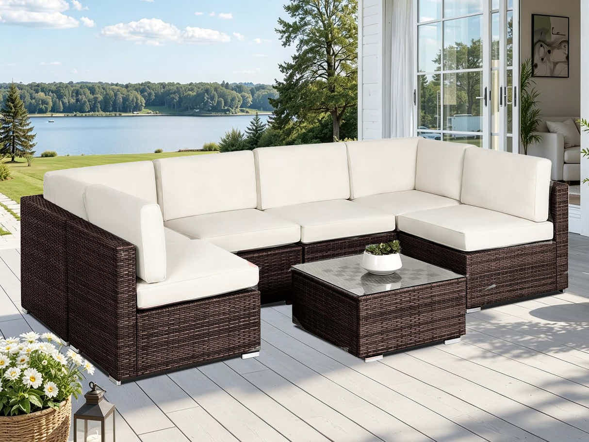 DS Tendy 7PC Patio Sofa Set Brown+Beige