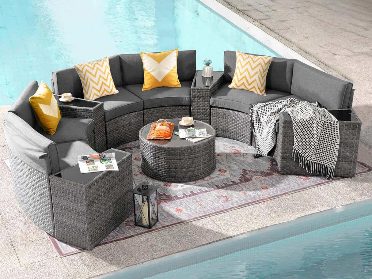 DS 11-Piece Curved Wicker Sofa Set - Grey