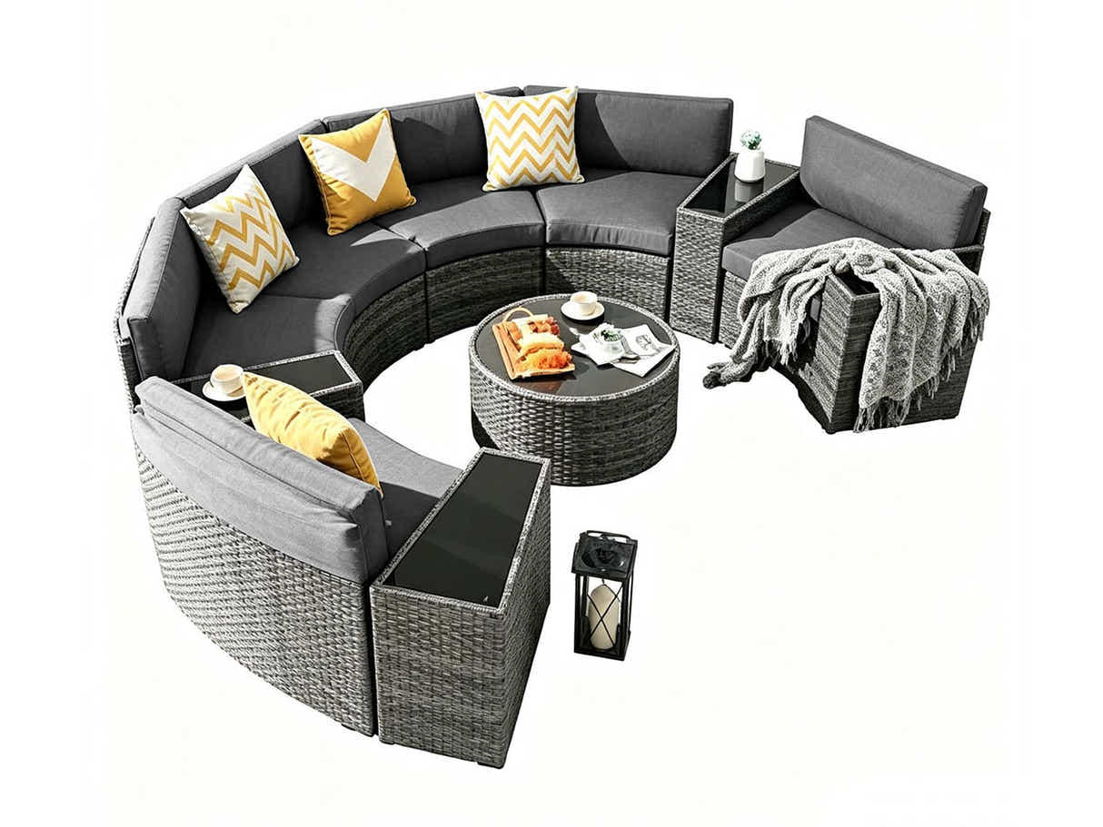 DS 11-Piece Curved Wicker Sofa Set - Grey