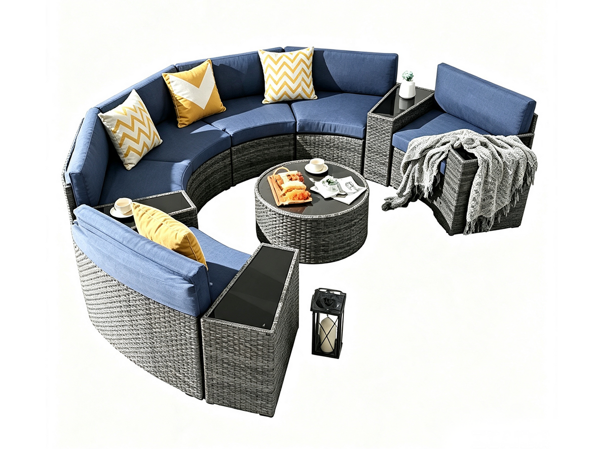 DS 11PC Curved Wicker Sofa Set Navy