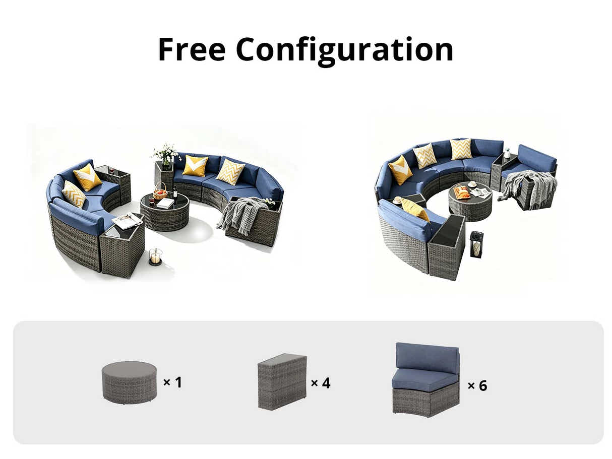 DS 11PC Curved Wicker Sofa Set Navy