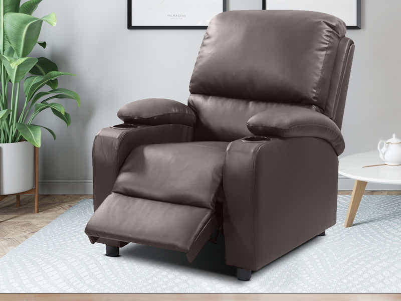 PU Leather Recliner with Cup Holder - Brown