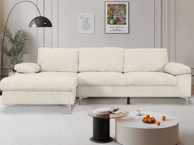 Kaveah Corduroy Sofa With Left Chaise - White