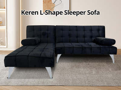 Keren Velvet L-Shape Sofa Bed - Black