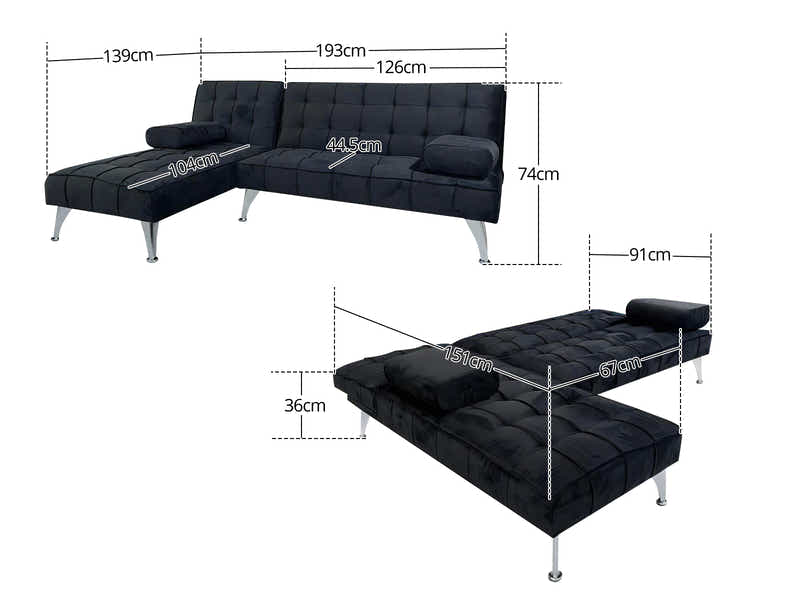 Keren Velvet L-Shape Sofa Bed - Black