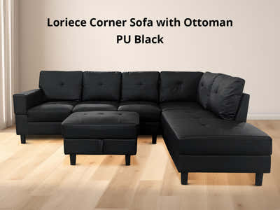 Loriece PU Leather Sofa with Ottoman - Black
