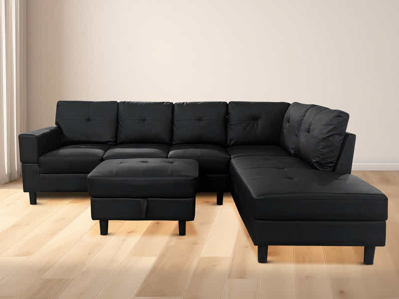 Loriece PU Leather Sofa with Ottoman - Black