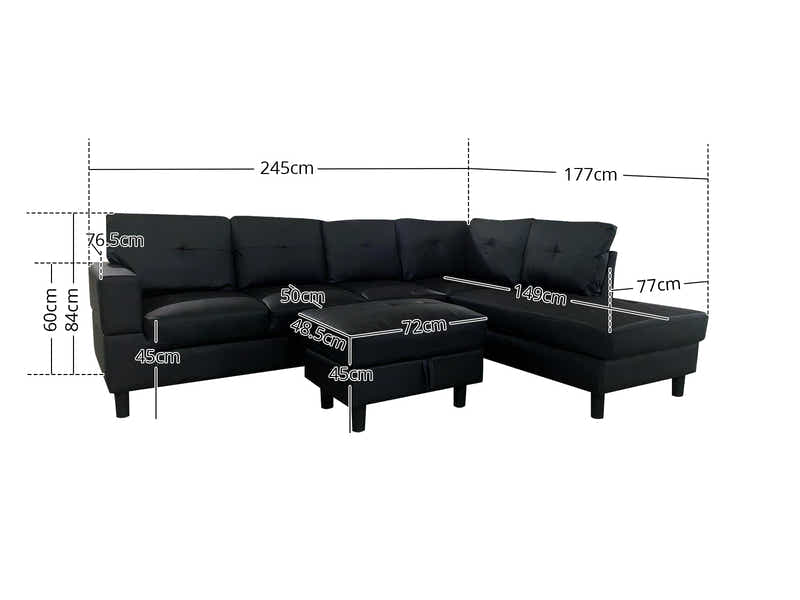 Loriece PU Leather Sofa with Ottoman - Black