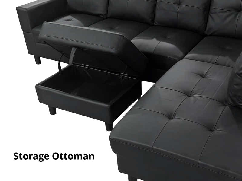 Loriece PU Leather Sofa with Ottoman - Black