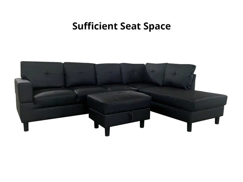 Loriece PU Leather Sofa with Ottoman - Black