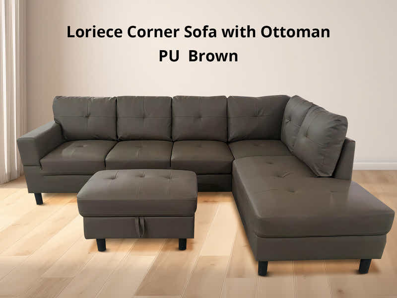 Loriece PU Leather Sofa with Ottoman - Brown
