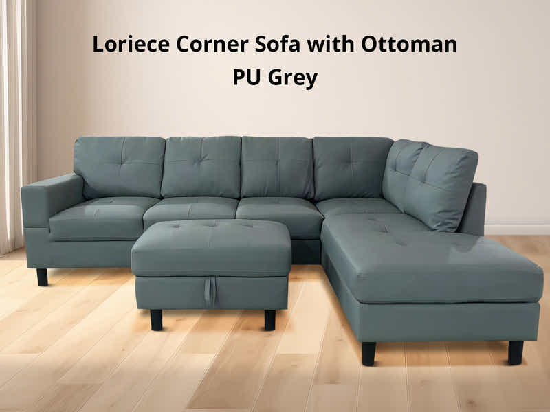 Loriece PU Leather Sofa with Ottoman - Grey