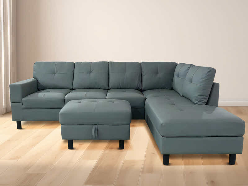 Loriece PU Leather Sofa with Ottoman - Grey