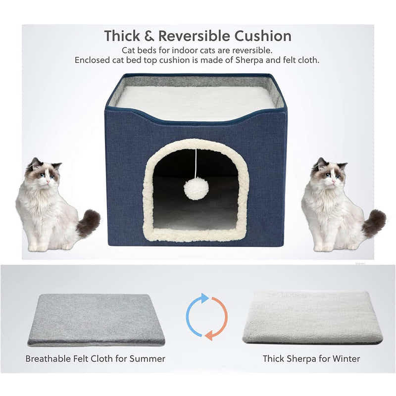DS BS Cat Cave for Pet Cat House with Hanging Ball and Scratch Pad-Blue