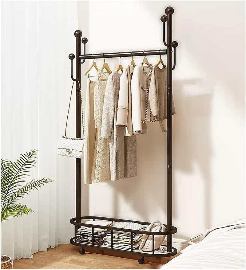 DS BS Clothes Rack On Wheels with Storage Basket-Black