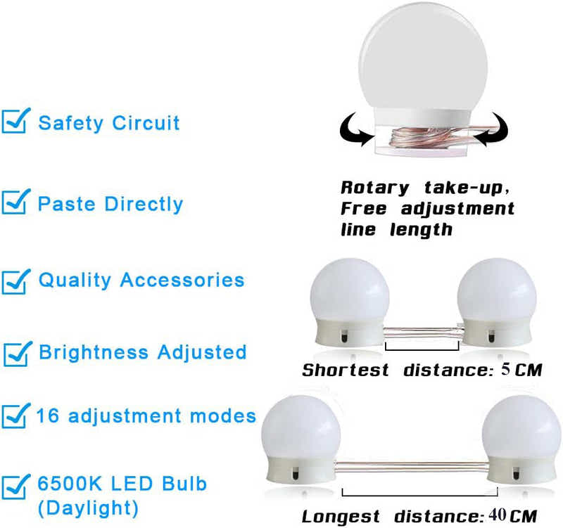 DS BS Vanity Mirror Lights Kit -10 Dimmable Light Bulbs -3 Color Model