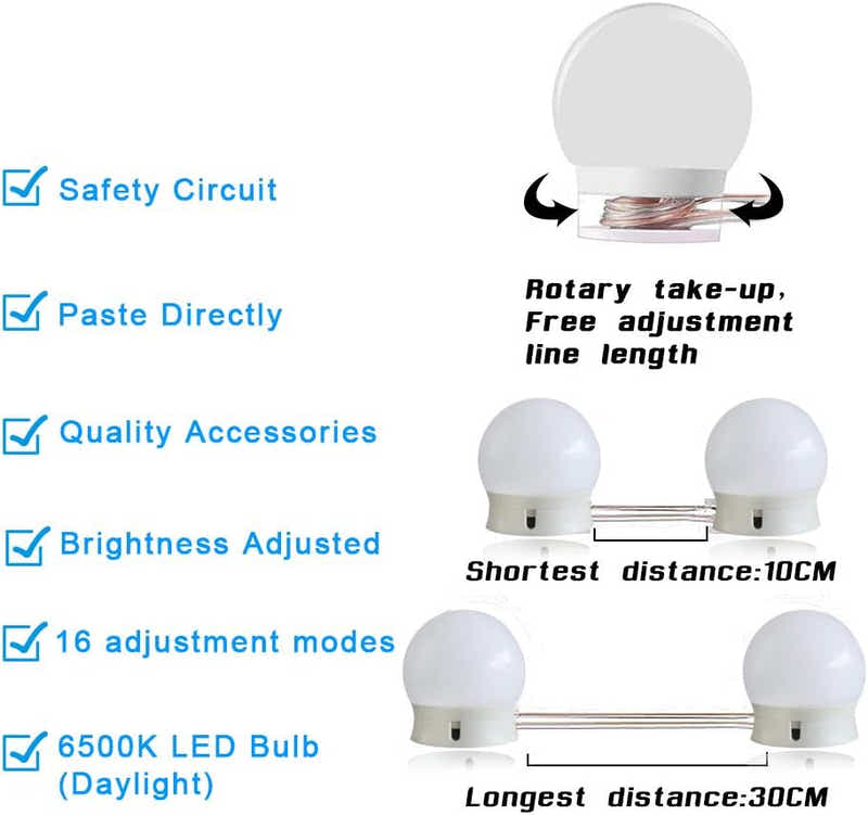 DS BS Vanity Mirror Lights Kit -10 Dimmable Light Bulbs -3 Color Model
