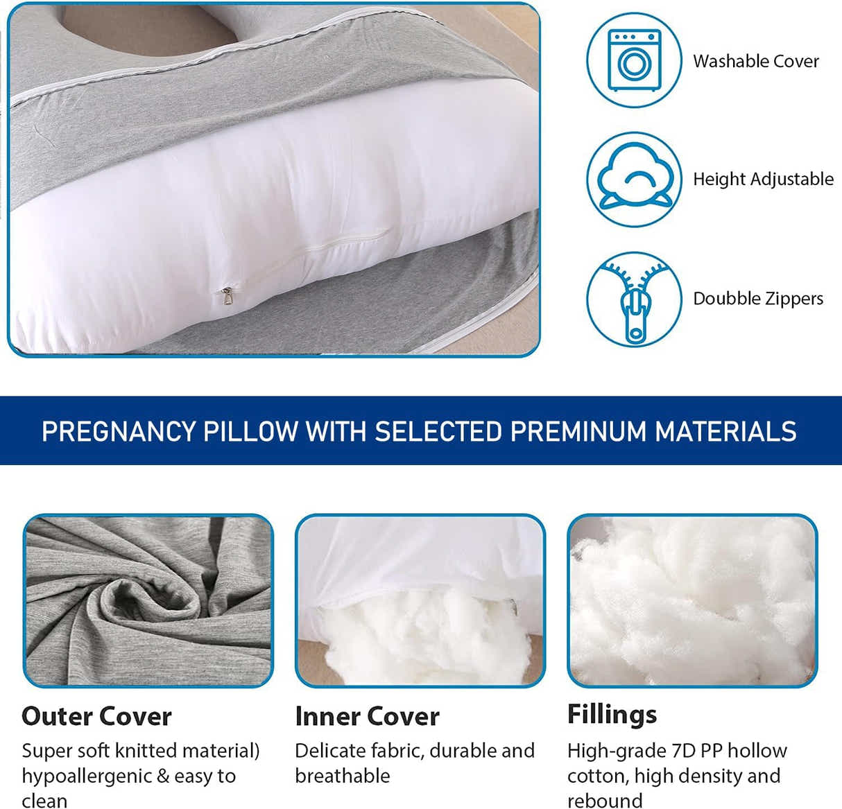 DS BS Pregnancy Pillows U-Shape Full Body Pillow-Gray