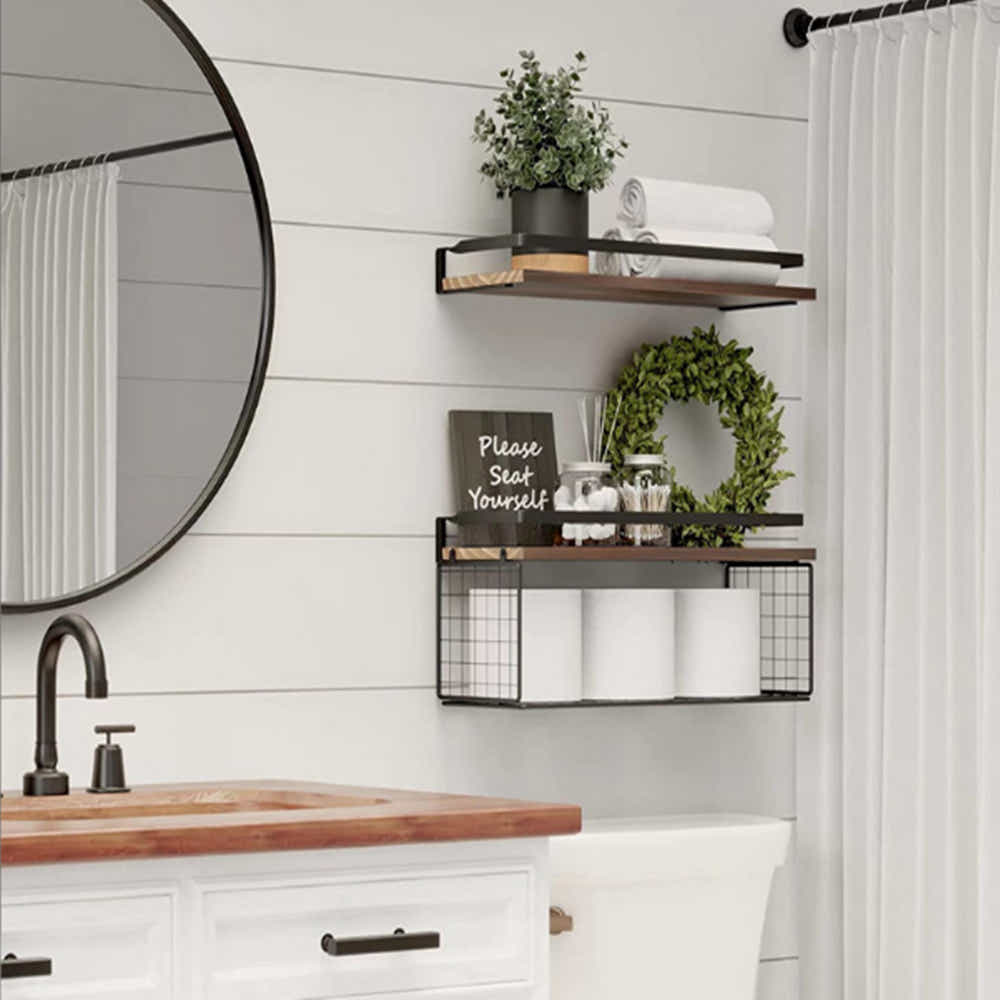 DS BS Floating Bathroom Shelves Wall Mounted with Wire Basket