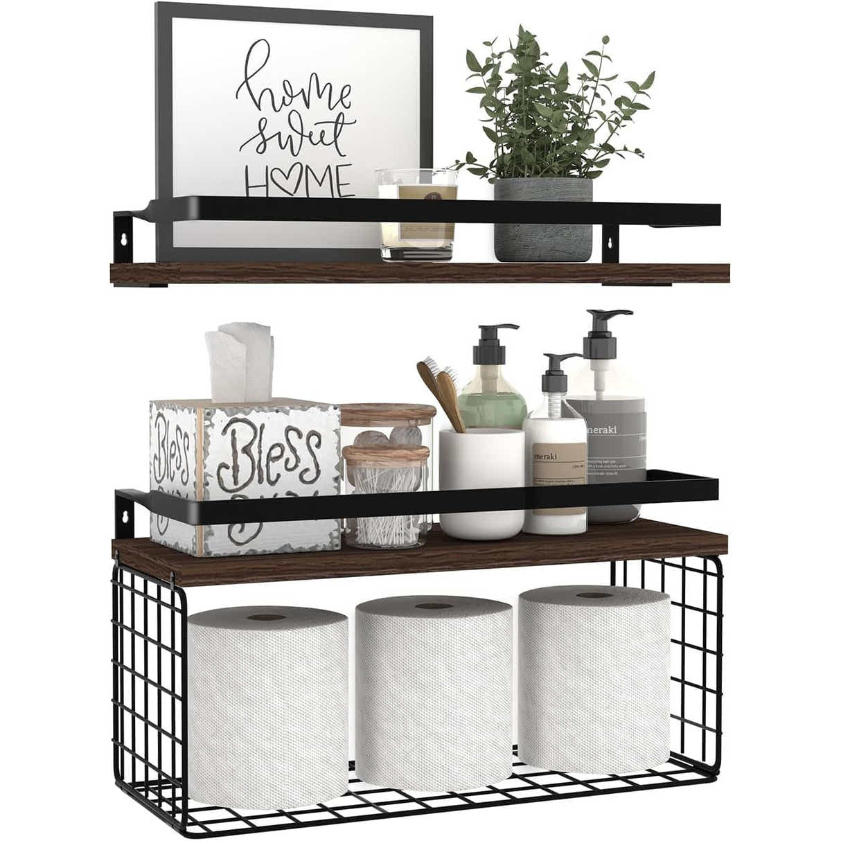 DS BS Floating Bathroom Shelves Wall Mounted with Wire Basket