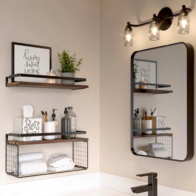 DS BS Floating Bathroom Shelves Wall Mounted with Wire Basket