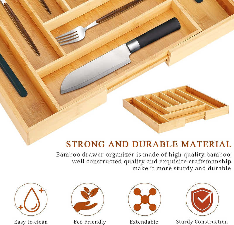DS BS Bamboo Expandable Drawer Organizer for Utensils-9 Compartments