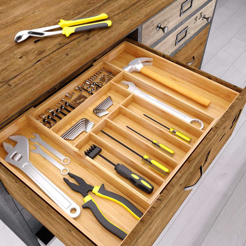 DS BS Bamboo Expandable Drawer Organizer for Utensils-9 Compartments