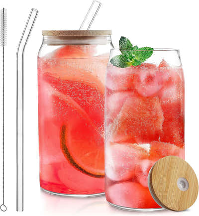 DS BS 2 Pack Drinking Glass Cup with Bamboo Lid and Straw Set