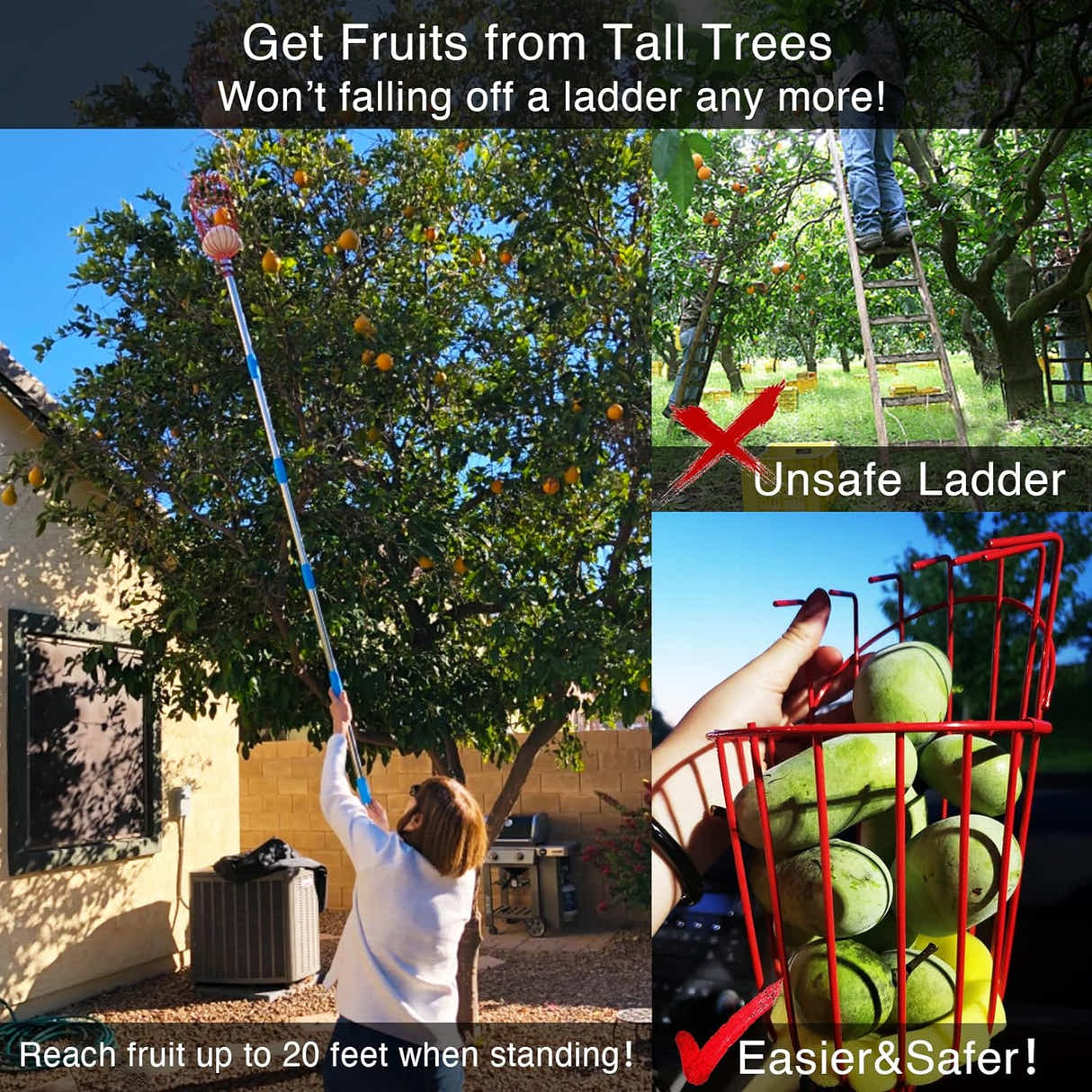 DS BS Fruit Picker Pole with Basket Telescoping