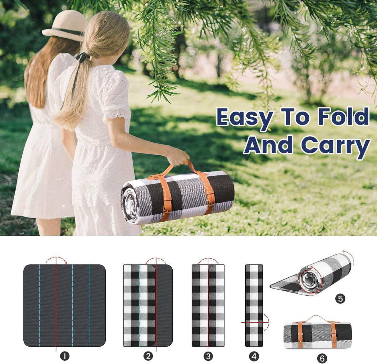 DS BS 2x2M Portable Picnic Blanket with Comfort Carry Strap-Black Striped
