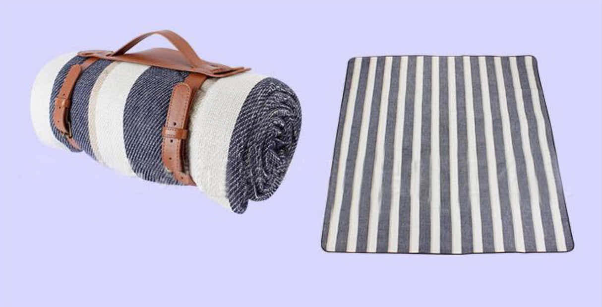DS BS 2x2M Portable Picnic Blanket with Comfort Carry Strap-Blue Striped