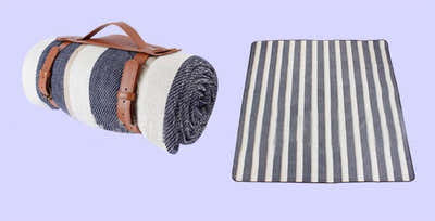 DS BS 2x2M Portable Picnic Blanket with Comfort Carry Strap-Blue Striped