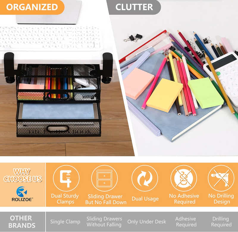 DS BS Dual Sliding Drawer Under Desk Drawer Organizer