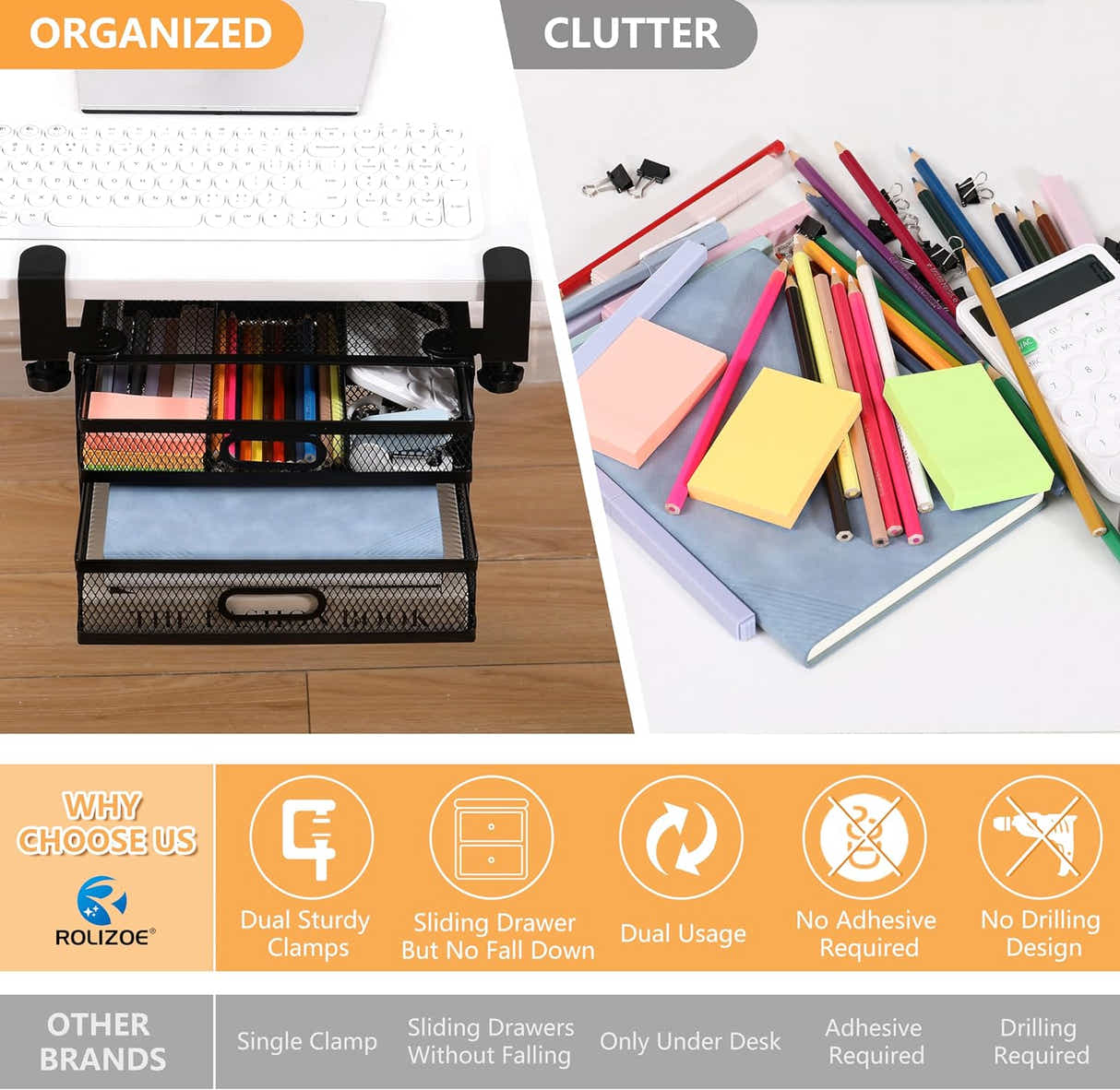 DS BS Dual Sliding Drawer Under Desk Drawer Organizer