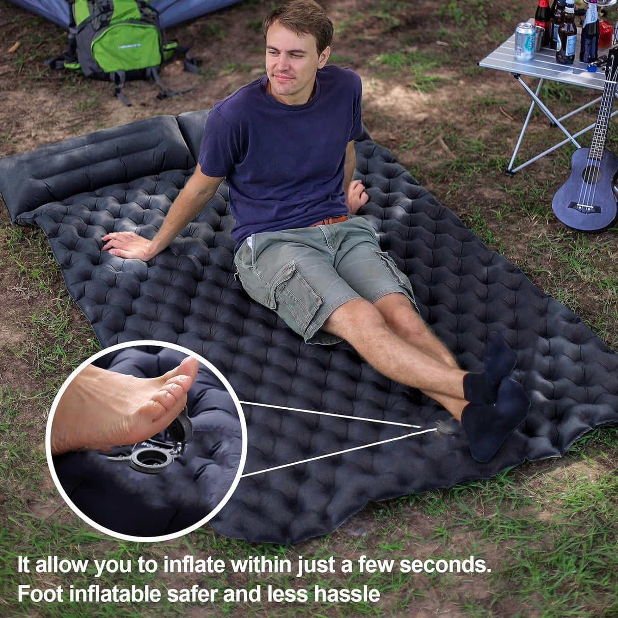 DS BS Inflatable Sleeping Mat with Pillow Built in Pump - Navy