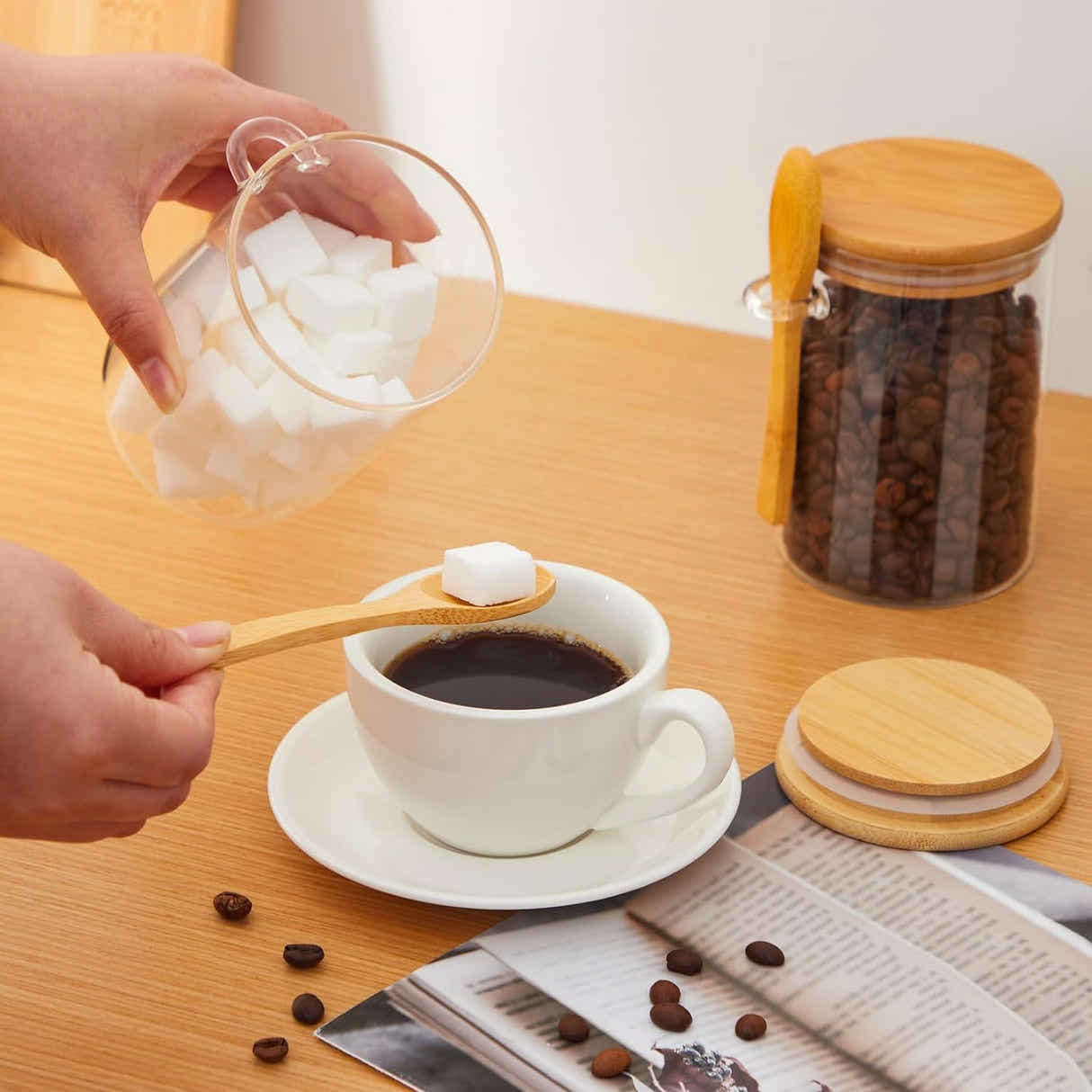 DS BS Set Of 4 500ML Glass Storage Jars with Bamboo Lids and Spoon
