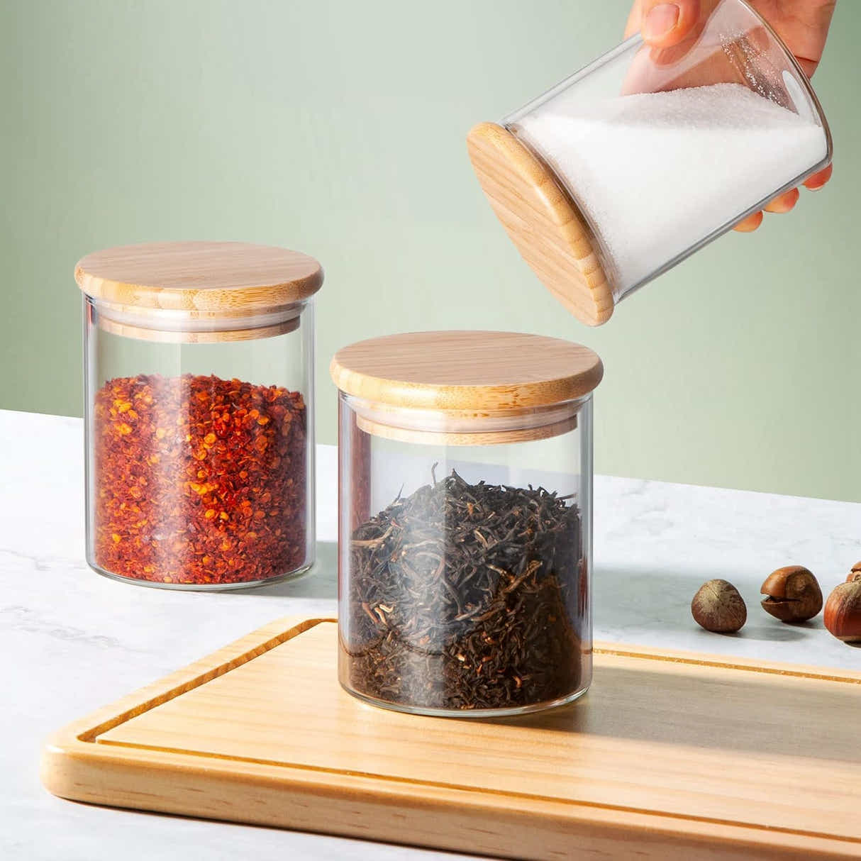 DS BS Set Of 12 230ml Glass Storage Jars with Bamboo Lids and Labels