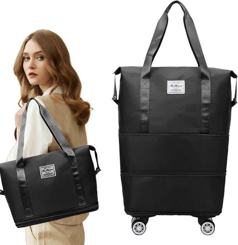 DS BS Expandable foldable duffel bag suitcase with Removable Wheels M -Black