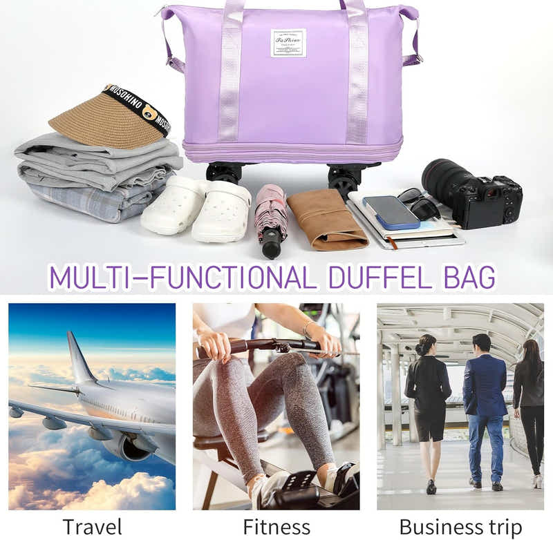 DS BS Expandable foldable duffel bag suitcase with Removable Wheels M -Purple