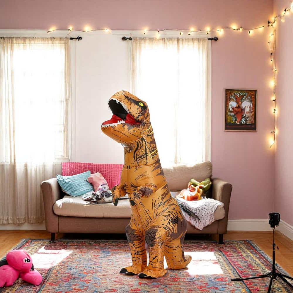 DS BS Inflatable Muscle T-Rex Costume – Brown Dinosaur Suit with Fan and Battery Box