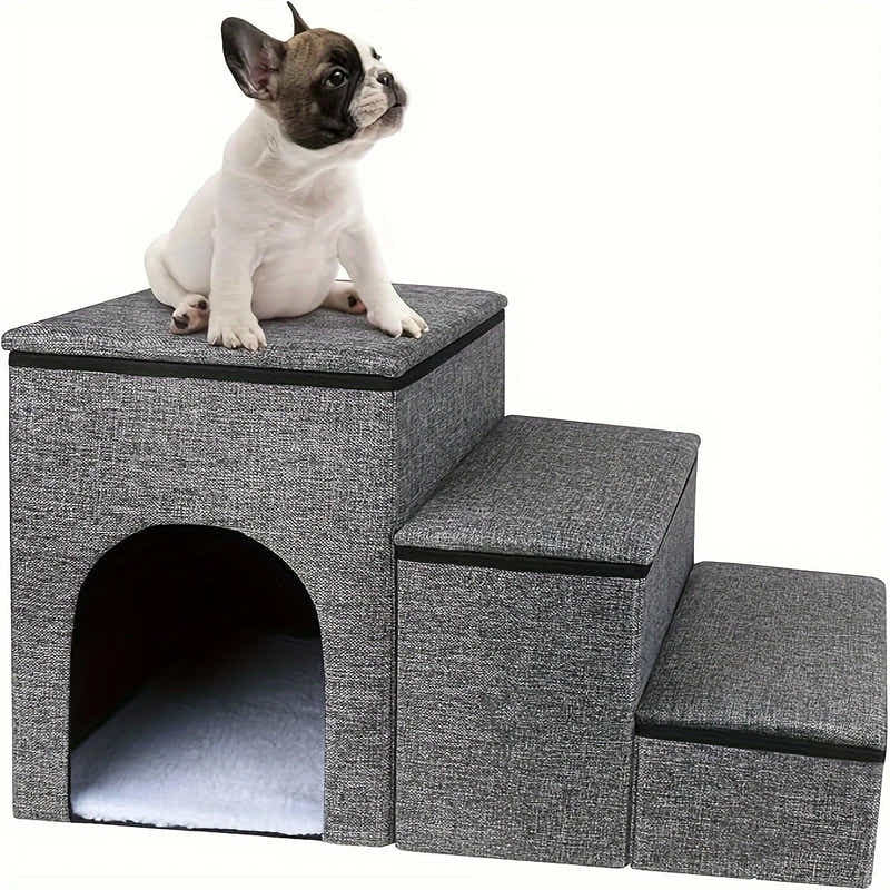 DS BS Foldable 3-Step Pet Stairs with Hidden Condo Storage