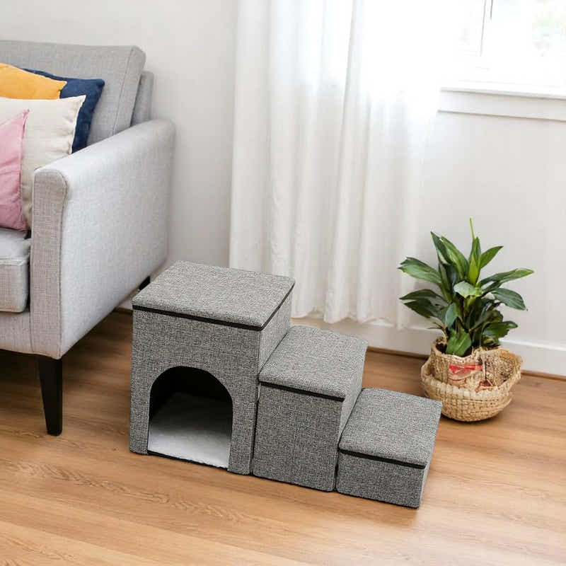 DS BS Foldable 3-Step Pet Stairs with Hidden Condo Storage
