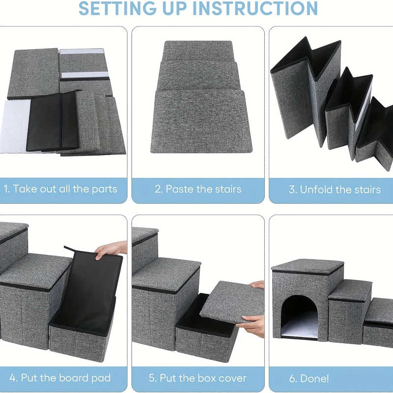 DS BS Foldable 3-Step Pet Stairs with Hidden Condo Storage